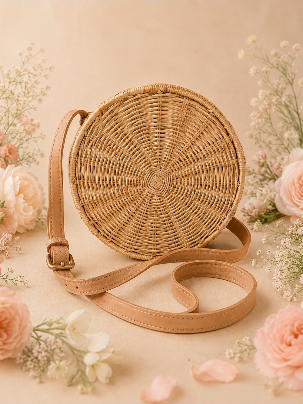 Woven Round Crossbody Bag - Tan